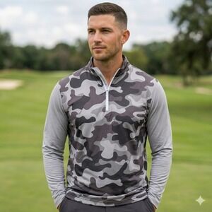 Pins & Aces 1/4 Zip Pullover Mens XL Grey Camo Performance Golf Shirt